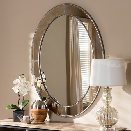 Baxton Studio Branca Modern Antique Silver Finished Oval Accent Wall Mirror 150-8874